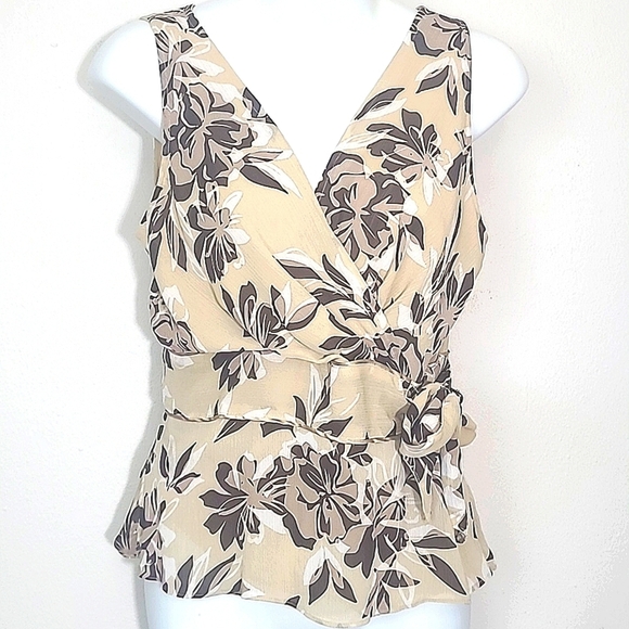 Covington tank top sleeveless blouse tie zipper tan brown floral print lined - Picture 1 of 5